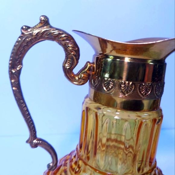 Vintage Amber Carnival Depression Glass Vase With Gold Tone Handle and Spout - Picture 6 of 7